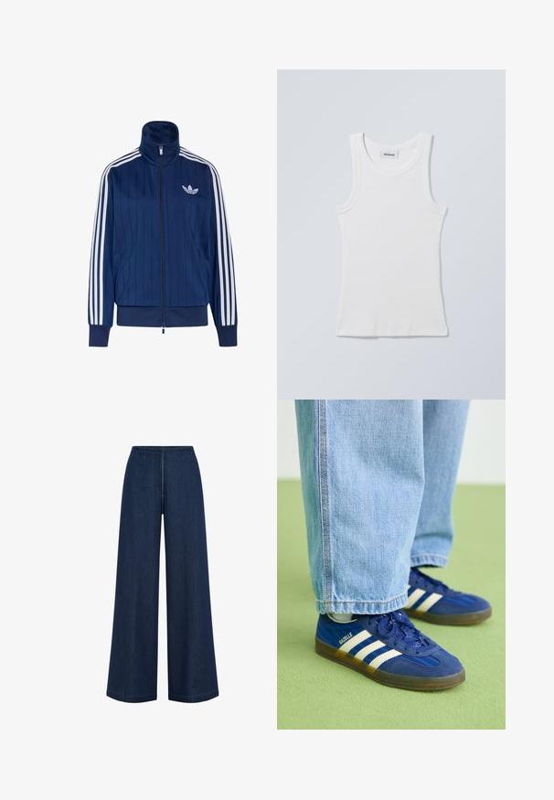Navyblauwe trainingsjas met rits, witte drie strepen op de mouwen en wit trefoil-logo op de linkerborst, geribde boorden en zoom.; Wit katoenen tanktop met een ronde halslijn en brede schouderbanden. Heeft een geribbelde textuur en een rechte zoom. Label zichtbaar aan de halslijn.; Brede donkerblauwe jeans met een rechte snit, gemaakt van denim. Heeft een hoge tailleband en subtiele naden. Geen zichtbare hardware.; Blauwe suède sneakers met witte strepen en gestructureerde patronen, gedragen met lichtblauwe denim broek, tegen een groene achtergrond.