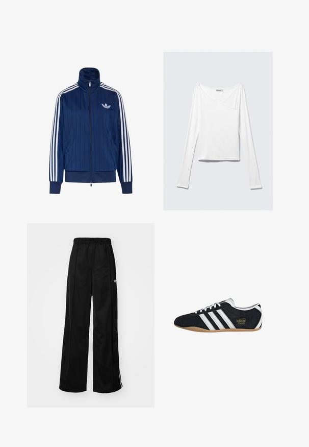 Navyblauwe trainingsjas met rits, witte drie strepen op de mouwen en wit trefoil-logo op de linkerborst, geribde boorden en zoom.; Witte long-sleeve top met een crossover ontwerp en een zak. Gemaakt van een gladde, rekbare stof. Geknipt in een casual, relaxte pasvorm.; Zwarte wijde trainingsbroek met een elastische tailleband, voorzien van witte zijkanten en een klein logo op de linker heup. Stevige stoftextuur.; Zwarte suède sneaker met witte drie strepen, gouden logo en een bruine rubberen zool. Heeft een laag profiel vetersluiting ontwerp.