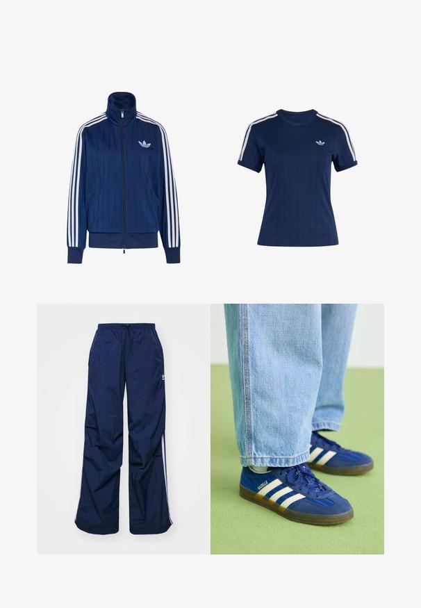 Marineblaue Trainingsjacke mit Reißverschluss, weißen drei Streifen an den Ärmeln und weißem Trefoil-Logo auf der linken Brust, mit gerippten Bündchen und Saum.; Marineblaues kurzärmliges Sportshirt mit weißen dreifachen Streifen auf den Schultern und kleinem weißem Adidas-Trefoil-Logo auf der Brust.; Navyblaue, leichte Hosen mit elastischem Bund und Kordelzug, versehen mit weißen Seitenstreifen und einem kleinen Logo vorne. Locker geschnittenes Design.; Blaue Wildleder-Sneaker mit weißen Streifen und strukturierten Mustern, kombiniert mit hellblauen Jeans, vor einem grünen Hintergrund.