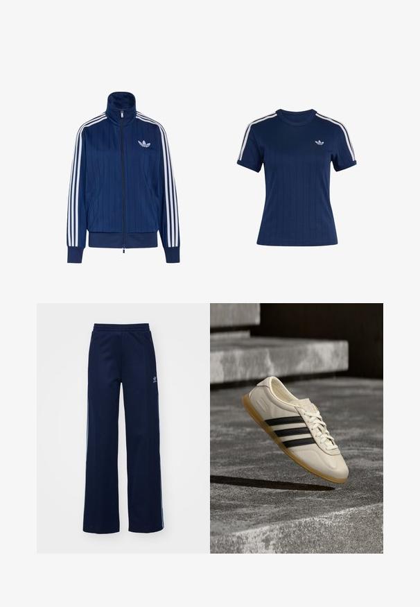 Chaqueta deportiva azul marino con cremallera, tres rayas blancas en las mangas y logo de trébol blanco en el pecho izquierdo, puños y dobladillo acanalados.; Camiseta deportiva de manga corta azul marino con tres franjas blancas en los hombros y pequeño logo blanco de Adidas trefoil en el pecho.; Pantalones de chándal de mezcla de algodón en color marino con diseño de pierna ancha, cinturilla elástica y bolsillos con cremallera, con franjas laterales blancas y detalle de logotipo.; Zapatilla blanca con rayas negras y suela de goma suspendida sobre escaleras de hormigón en luz diurna suave.
