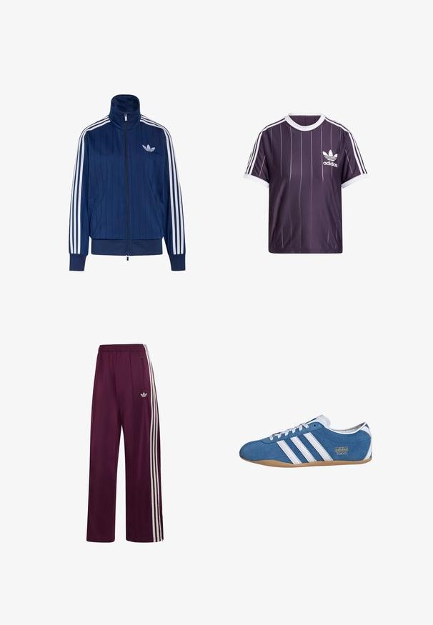 Mørkeblå trackjakke med lynlås med hvide tre striber på ærmerne og hvidt trefoil-logo på venstre bryst, ribstrikkede manchetter og kant.; Lilla atletisk t-shirt med hvide lodrette striber, rund hvid krave og Adidas-logo i hvid på venstre bryst. Korte ærmer.; Vinrøde Adidas træningsbukser med elastisk linning, tre hvide striber på siden, lynlåslomme og broderet logo på venstre lår.; Blå ruskinds sneakers med hvide læderstriber, med rund tå, gummisål og guld "adidas TOKYO" branding på siden.