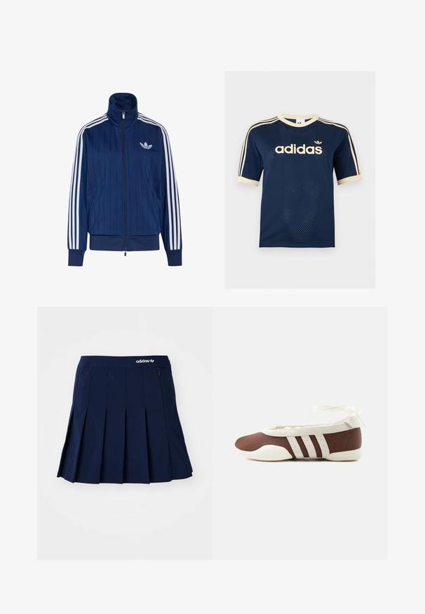 Navyblauwe trainingsjas met rits, witte drie strepen op de mouwen en wit trefoil-logo op de linkerborst, geribde boorden en zoom.; Marineblauw Adidas mesh T-shirt met korte mouwen, crèmekleurige afwerking, drie crèmekleurige strepen op de mouwen en Adidas-logo op de borst.; Marineblauwe plooienrok van lichtgewicht stof; heeft een elastische tailleband en een klein zipvak, met een wit Adidas-logo op de voorkant.; Bruine en witte ballerinaschoenen met drie witte strepen en een strik om de enkel op een effen lichte achtergrond.