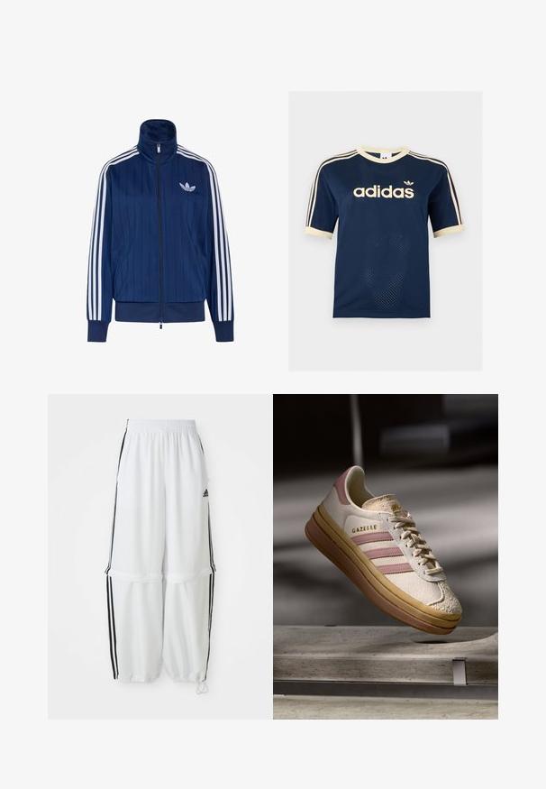 Navyblauwe trainingsjas met rits, witte drie strepen op de mouwen en wit trefoil-logo op de linkerborst, geribde boorden en zoom.; Marineblauw Adidas mesh T-shirt met korte mouwen, crèmekleurige afwerking, drie crèmekleurige strepen op de mouwen en Adidas-logo op de borst.; Witte sportbroek met een relaxte pasvorm, elastische tailleband en zwarte zijkanten. Voorzien van ritszakken en elastische boorden bij de enkels.; Witte suède sneakers met roze accenten, voorzien van drie strepen en een gouden logo. Textuur in de neuskap en een bruine rubberen zool. Klassiek ontwerp.