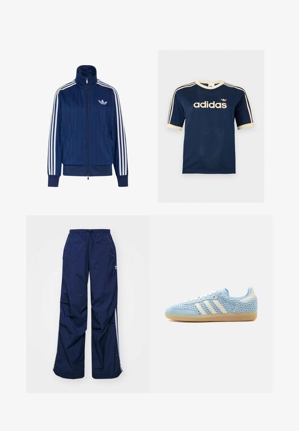Marineblaue Trainingsjacke mit Reißverschluss, weißen drei Streifen an den Ärmeln und weißem Trefoil-Logo auf der linken Brust, mit gerippten Bündchen und Saum.; Marineblaues Adidas Mesh-Kurzarmshirt mit cremefarbenem Besatz, drei cremefarbenen Streifen an den Ärmeln und Adidas-Logo auf der Brust.; Navyblaue, leichte Hosen mit elastischem Bund und Kordelzug, versehen mit weißen Seitenstreifen und einem kleinen Logo vorne. Locker geschnittenes Design.; Low-Top-Sneaker mit hellblauem, gewebtem Obermaterial, weißen Streifen, weißen Schnürsenkeln, hellblauer Wildlederkappe an der Spitze und Laufsohle aus Gummimischung.