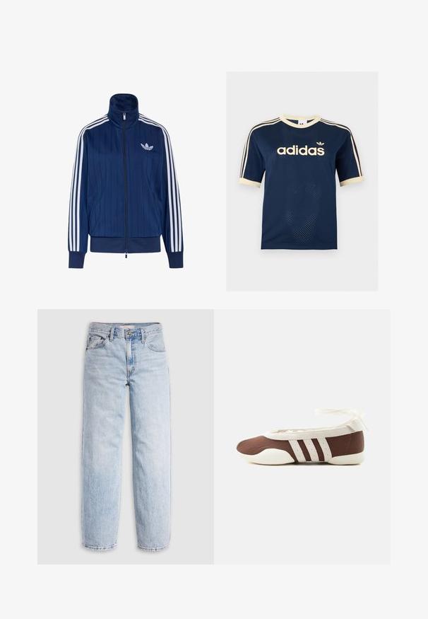 Chaqueta deportiva azul marino con cremallera, tres rayas blancas en las mangas y logo de trébol blanco en el pecho izquierdo, puños y dobladillo acanalados.; Camiseta de manga corta de malla azul marino de Adidas con ribete crema, tres rayas crema en las mangas y logo de Adidas en el pecho.; Jeans de mezclilla azul claro con cintura alta, corte relajado, piernas rectas y un diseño clásico de cinco bolsillos. Desgastado visible y detalles de costuras.; Zapato plano de ballet marrón y blanco con tres franjas blancas y lazo para atar en el tobillo sobre un fondo claro y sencillo.