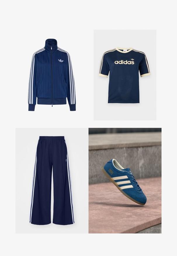 Navyblauwe trainingsjas met rits, witte drie strepen op de mouwen en wit trefoil-logo op de linkerborst, geribde boorden en zoom.; Marineblauw Adidas mesh T-shirt met korte mouwen, crèmekleurige afwerking, drie crèmekleurige strepen op de mouwen en Adidas-logo op de borst.; adidas Originals PANT - Trainingsbroek - night indigo; Blauwe suède sneaker met crèmekleurige strepen en veters, zool van gumrubber, gestructureerd oppervlak, afgeronde neus en merkopdruk aan de zijkant.