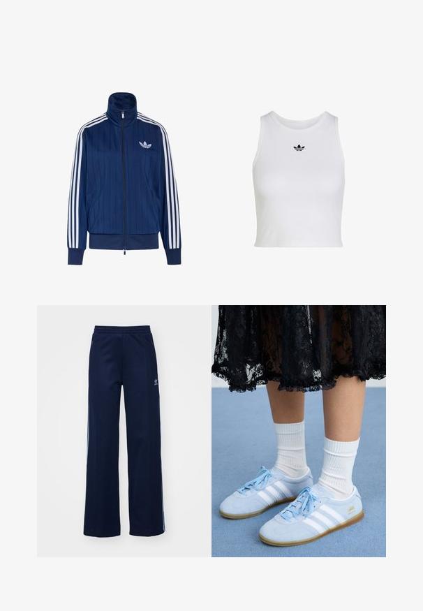Navyblauwe trainingsjas met rits, witte drie strepen op de mouwen en wit trefoil-logo op de linkerborst, geribde boorden en zoom.; Witte mouwloze crop top met ronde hals en klein zwart Adidas trefoil-logo, gecentreerd onder de kraag.; Marineblauwe katoenen joggingsbroek met een brede pijpdesign, elastische tailleband en ritszakken, voorzien van witte zijstrepen en logo-detail.; Lichtblauwe sneakers met witte strepen en witte sokken, gedragen met een zwarte kanten rok, op een blauwe vloerbedekking.