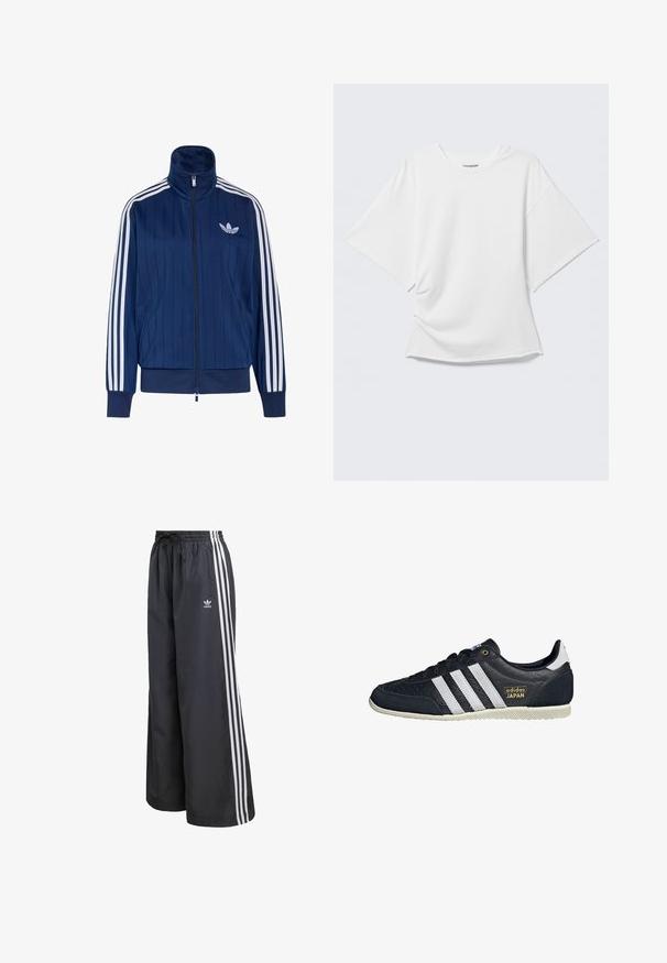 Marineblaue Trainingsjacke mit Reißverschluss, weißen drei Streifen an den Ärmeln und weißem Trefoil-Logo auf der linken Brust, mit gerippten Bündchen und Saum.; Weißes kurzärmeliges Oversized T-Shirt mit Rundhalsausschnitt, dargestellt vor hellem grauem Hintergrund.; Schwarze Sporthose aus leichtem Material, mit drei weißen vertikalen Streifen und einem elastischen Bund mit Kordelzug.; Schwarze Leder-Sneaker mit drei weißen Streifen, strukturierter Oberfläche, goldenem "adidas JAPAN"-Logo und einer gummierten Sohle mit Grip-Muster.