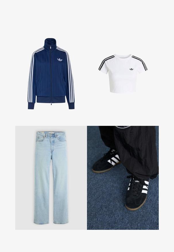 Chaqueta deportiva azul marino con cremallera, tres rayas blancas en las mangas y logo de trébol blanco en el pecho izquierdo, puños y dobladillo acanalados.; Camiseta corta blanca con el logo negro de Adidas trefoil en el pecho y tres rayas negras a lo largo de los hombros y las mangas.; Jeans de denim azul claro con corte recto, que cuentan con cinco bolsillos, un cierre de cremallera clásico y costuras visibles.; Zapatillas deportivas de ante negro con tres rayas blancas y cordones negros. Un pantalón negro texturizado es parcialmente visible al lado de las zapatillas.