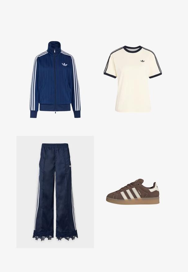 Chaqueta deportiva azul marino con cremallera, tres rayas blancas en las mangas y logo de trébol blanco en el pecho izquierdo, puños y dobladillo acanalados.; Camisa de color crema de manga corta con ribete negro en el cuello y los puños, rayas gemelas negras con costuras en los hombros, y pequeño logo negro de Adidas en el pecho.; Pantalones deportivos de pierna ancha azul marino con rayas laterales blancas, cintura elástica, logo de adidas en la cadera y detalle de encaje en el dobladillo.; Zapatilla de ante marrón con detalles en cuero blanco y tres rayas blancas. Presenta una puntera redonda y una suela de goma. Logotipo en el lateral.