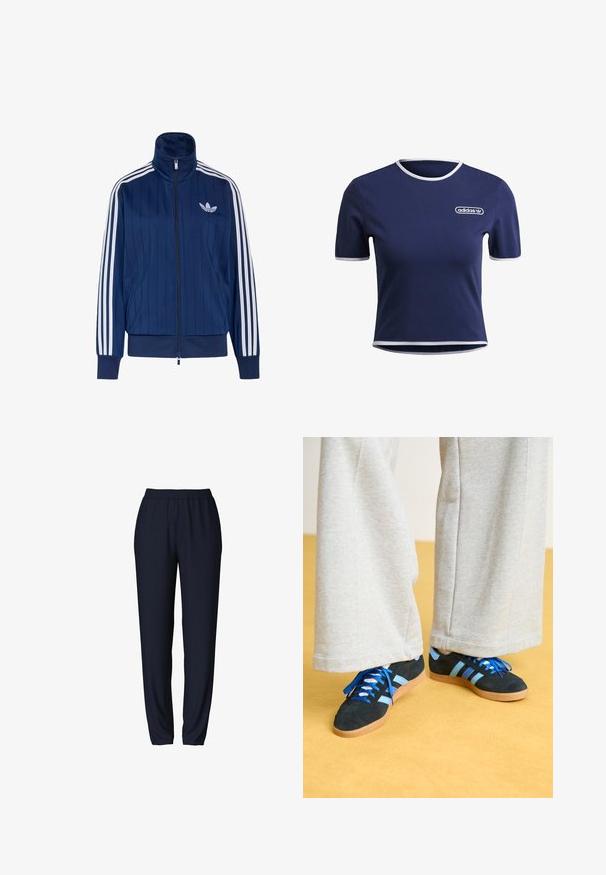 Chaqueta deportiva azul marino con cremallera, tres rayas blancas en las mangas y logo de trébol blanco en el pecho izquierdo, puños y dobladillo acanalados.; Camiseta de manga corta de color azul marino, con ribete blanco en el cuello y las mangas, que presenta un pequeño logo bordado de Adidas en el pecho.; Pantalones de chándal azul marino con cinturilla elástica, diseño de pierna ajustada y textura suave. Adecuados para uso casual o deportivo.; Zapatillas de ante negras y azules con cordones azules y acentos a rayas, combinadas con pantalones de pierna ancha gris claro, sobre un suelo amarillo.