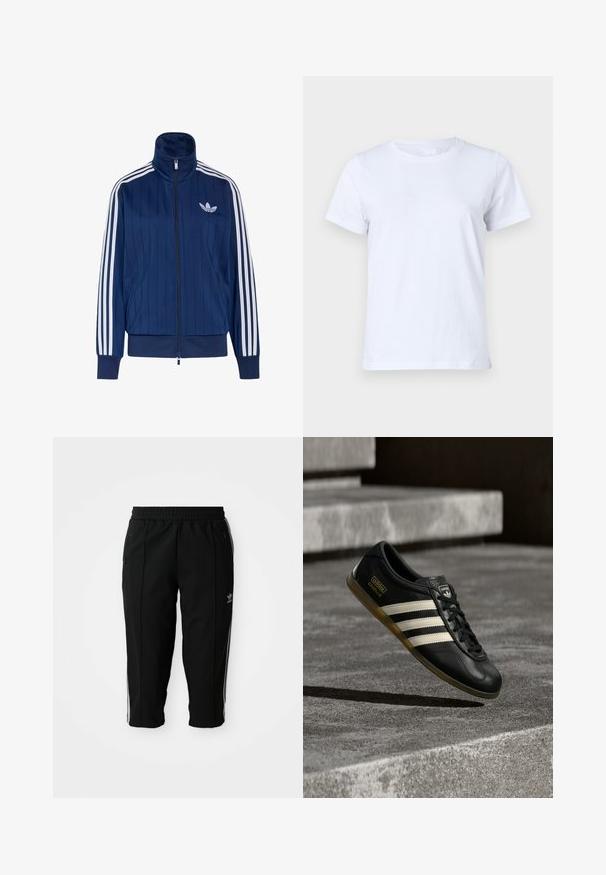 Chaqueta deportiva azul marino con cremallera, tres rayas blancas en las mangas y logo de trébol blanco en el pecho izquierdo, puños y dobladillo acanalados.; Camiseta de algodón blanca, de manga corta, diseño clásico de cuello redondo, textura lisa sin patrones ni acentos, ajuste estándar, simple y versátil.; Pantalones deportivos negros con cintura elástica, bolsillos laterales con cremallera y rayas blancas a lo largo de las costuras. Fabricados en un material liso y duradero.; Zapatilla deportiva de cuero negro con diseño de tres franjas blancas, detalles texturizados, cordones negros y suela de goma. Logotipo de la marca visible en la lengüeta.