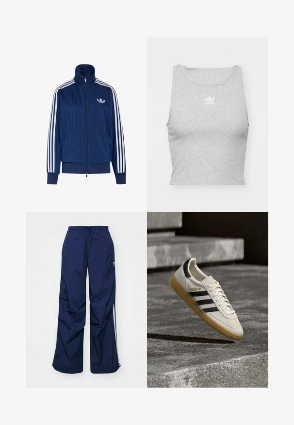 Marineblaue Trainingsjacke mit Reißverschluss, weißen drei Streifen an den Ärmeln und weißem Trefoil-Logo auf der linken Brust, mit gerippten Bündchen und Saum.; Graues, ärmelloses Crop-Top aus weichem Stoff, mit Rundhalsausschnitt und kleinem weißen Adidas-Logo auf der Brust.; Navyblaue, leichte Hosen mit elastischem Bund und Kordelzug, versehen mit weißen Seitenstreifen und einem kleinen Logo vorne. Locker geschnittenes Design.; Weißer Adidas Spezial Sneaker mit schwarzen Streifen und Kautschuksohle, der über grauen Steinstufen im Freien schwebt.