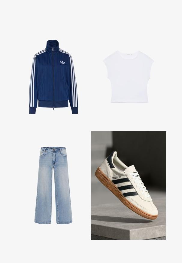 Mørkeblå trackjakke med lynlås med hvide tre striber på ærmerne og hvidt trefoil-logo på venstre bryst, ribstrikkede manchetter og kant.; Hvid kortærmet cropped T-shirt med rund halsudskæring, lavet af glat stof, lagt fladt på en hvid baggrund.; Lyseblå brede jeans med høj talje, fem lommer og kontrastsyninger. Fremstillet af denim med en glat tekstur.; Hvide ruskinds sneakers med marineblå striber, gummisål, struktureret overdel, rund tå og snøring; har branding på siden og tungen.