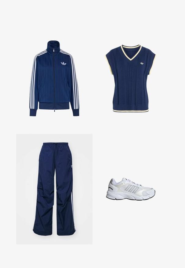 Mørkeblå trackjakke med lynlås med hvide tre striber på ærmerne og hvidt trefoil-logo på venstre bryst, ribstrikkede manchetter og kant.; Marineblå strikket ærmeløs sweatervest med hvid kant på V-hals, ærmegab og kant, med lille hvid Adidas-logo på brystet.; Marineblå, letvægtsbukser med elastik i taljen og snøre, med hvide sidelister og et lille logo foran. Løs pasform.; Hvide sportsko i åndbart mesh og syntetiske materialer, med tre sølvstriber, struktureret gummisål og polstret krave.