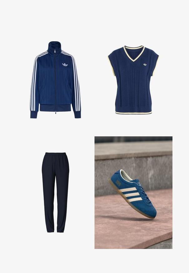 Chaqueta deportiva azul marino con cremallera, tres rayas blancas en las mangas y logo de trébol blanco en el pecho izquierdo, puños y dobladillo acanalados.; Chaleco de punto sin mangas azul marino con ribete blanco en el cuello en V, sisas y dobladillo, con un pequeño logotipo blanco de Adidas en el pecho.; Pantalones de chándal azul marino con cinturilla elástica, diseño de pierna ajustada y textura suave. Adecuados para uso casual o deportivo.; Zapatilla de gamuza azul con rayas y cordones crema, suela de goma color miel, superficie texturizada, puntera redondeada y marca lateral.