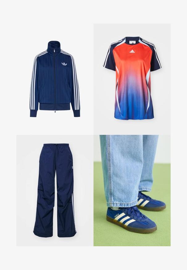 Mørkeblå trackjakke med lynlås med hvide tre striber på ærmerne og hvidt trefoil-logo på venstre bryst, ribstrikkede manchetter og kant.; Adidas kortærmet sports T-shirt med en gradient fra rød til blå, med marineblå akcenter og hvide striber langs skuldrene.; Marineblå, letvægtsbukser med elastik i taljen og snøre, med hvide sidelister og et lille logo foran. Løs pasform.; Blå ruskindsneakers med hvide striber og teksturerede mønstre, båret med lyseblå denimbukser, sat mod en grøn baggrund.