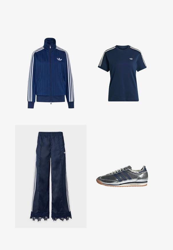 Mørkeblå trackjakke med lynlås med hvide tre striber på ærmerne og hvidt trefoil-logo på venstre bryst, ribstrikkede manchetter og kant.; Marineblå Adidas t-shirt med korte ærmer med hvide tre striber på skuldrene og lille logo på venstre bryst.; Marineblå vidbenede træningsbukser med hvide sidelommer, elastisk talje, adidas-logo på hoften og blondedetalje ved kanten.; Sølv syntetisk sneakers med marineblå striber, rund tå, hvidt foer og gummisko. Har tekstureret overdel og snøring.