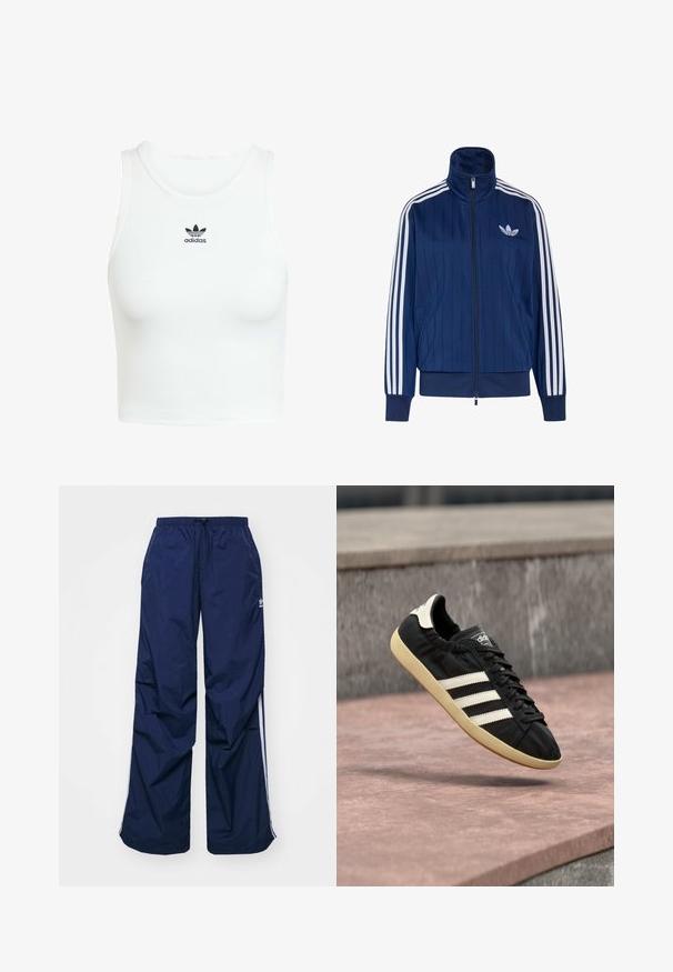 Mørkeblå trackjakke med lynlås med hvide tre striber på ærmerne og hvidt trefoil-logo på venstre bryst, ribstrikkede manchetter og kant.; Hvid bomulds-tanktop med en tætsiddende ribbet tekstur, rund halsudskæring og broderet sort Adidas-logo på forsiden.; Marineblå, letvægtsbukser med elastik i taljen og snøre, med hvide sidelister og et lille logo foran. Løs pasform.; Sort Adidas sneaker med hvide striber og beige sål, fanget i luften over en stenet overflade og baggrund af en stenmur.