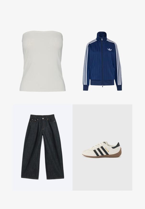 Chaqueta deportiva azul marino con cremallera, tres rayas blancas en las mangas y logo de trébol blanco en el pecho izquierdo, puños y dobladillo acanalados.; Top sin tirantes de tela beige claro, diseño ajustado con una textura suave, bordes sin costuras y sin patrones ni detalles de hardware visibles.; Vaqueros de mezclilla azul oscuro de pierna ancha con botón delantero y diseño de cinco bolsillos, colocados planos sobre un fondo blanco.; Zapatilla blanca de Adidas con rayas negras, suela marrón texturizada y la palabra "SPEZIAL" en letras doradas en el lateral, vista desde el lado exterior.