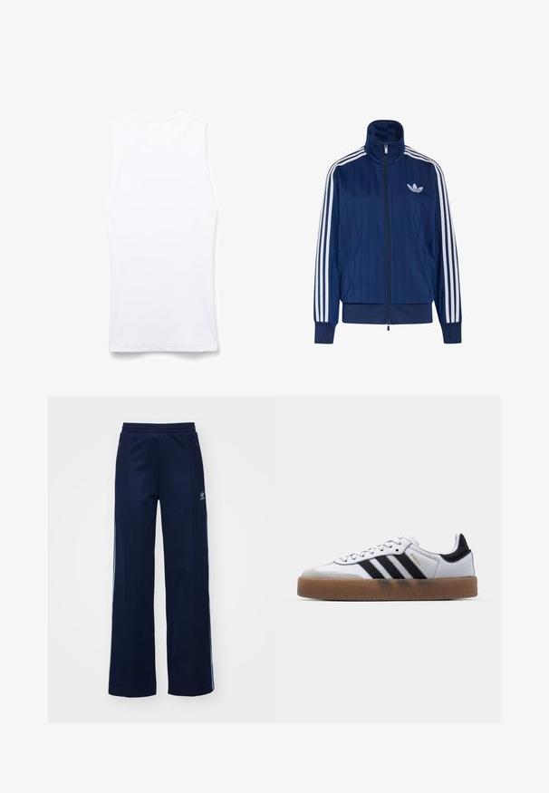 Veste de survêtement bleu marine zippée avec trois bandes blanches sur les manches et logo trèfle blanc sur la poitrine gauche, poignets et ourlet côtelés.; Débardeur blanc sans manches en tissu côtelé. Dispose d'un col rond et de coutures plates. Design simple, sans motifs ni embellissements.; Pantalons de survêtement en mélange de coton bleu marine avec un design à jambes larges, taille élastique et poches zippées, présentant des bandes latérales blanches et un détail de logo.; Baskets en cuir blanc avec des rayures noires, semelle extérieure en caoutchouc beige, bout rond, fermeture lacée et embout en suède gris doux.