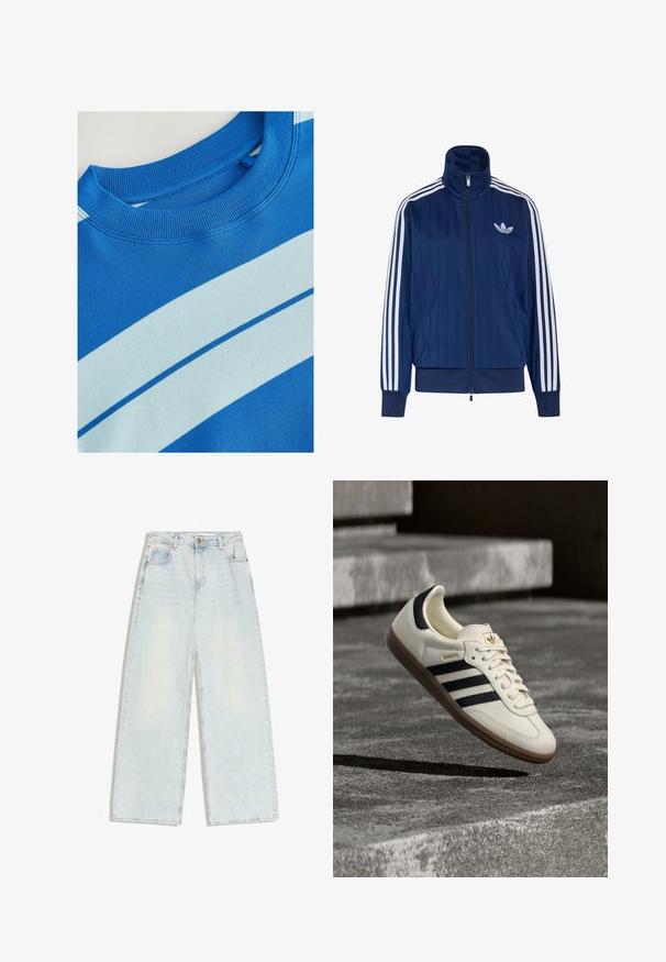 Mørkeblå trackjakke med lynlås med hvide tre striber på ærmerne og hvidt trefoil-logo på venstre bryst, ribstrikkede manchetter og kant.; Blå sweatshirt med ribbet rund hals, der har horisontale lyseblå striber og en glat tekstur. Rent design, blødt stof.; Lyseblå jeans med vide ben, fem lommer, bæltestropper og knaplukning foran i linningen.; Hvid Adidas Samba sneaker med sorte striber og gummsål, svævende over teksturerede grå betonstrin.