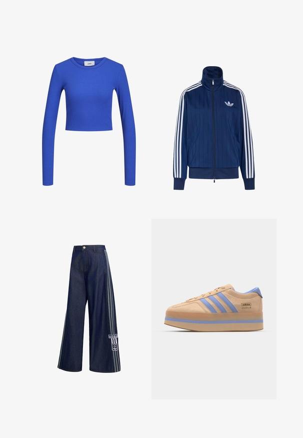 Navyblauwe trainingsjas met rits, witte drie strepen op de mouwen en wit trefoil-logo op de linkerborst, geribde boorden en zoom.; Blauw langwerpig gebreid crop top met een ronde hals. Effen textuur en aansluitend ontwerp, met een subtiel patroon overal. Merklabel zichtbaar.; Donkerblauwe wijde spijkerbroek met grijze strepen aan de zijkanten, knoopsluiting, voorzakken en een Adidas-logo patch op het linkerbeen.; Beige suède sneakers met lichtblauwe strepen, platformzool en blauwe accenten op de hak. Voorzien van vetersluiting en branding aan de zijkant.