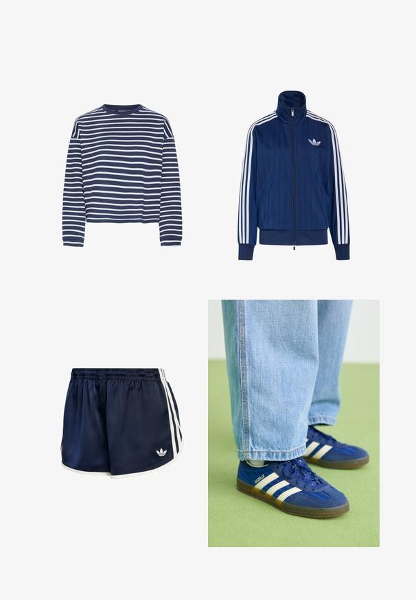 Chaqueta deportiva azul marino con cremallera, tres rayas blancas en las mangas y logo de trébol blanco en el pecho izquierdo, puños y dobladillo acanalados.; Top de manga larga azul marino con rayas horizontales blancas, cuello redondo y dobladillo corto. El tejido parece suave con un acabado texturizado.; Pantalones cortos Adidas azul marino con ribete blanco, tres rayas laterales blancas y el logo Trefoil de Adidas en la pierna izquierda.; Zapatillas de ante azul con rayas blancas y patrones texturizados, combinadas con pantalones de mezclilla azul claro, sobre un fondo verde.