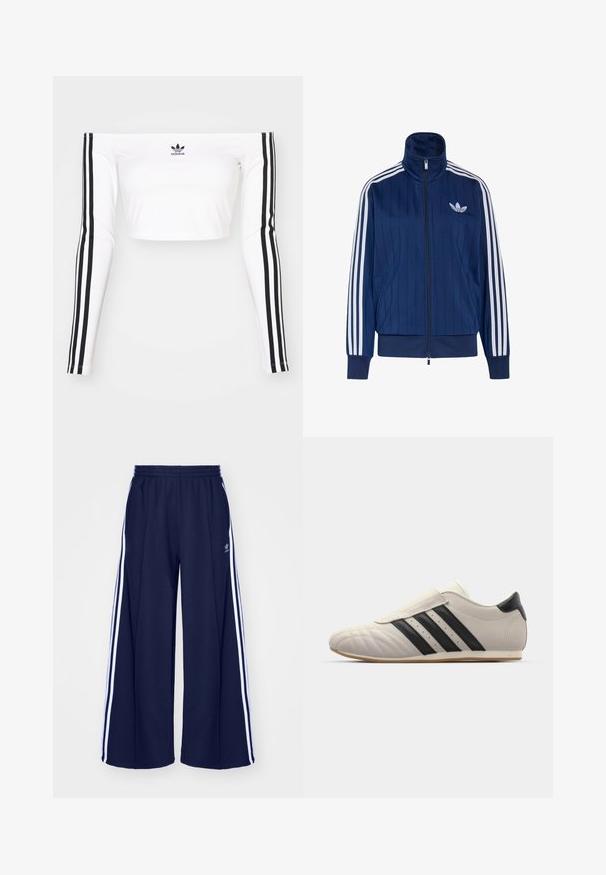 Mørkeblå trackjakke med lynlås med hvide tre striber på ærmerne og hvidt trefoil-logo på venstre bryst, ribstrikkede manchetter og kant.; Hvid langærmet off-shoulder crop top i strækbart stof. Har sorte tre-stribede detaljer på ærmerne og et lille sort logo på brystet.; adidas Originals PANT - Træningsbukser - night indigo; Lys grå sneakers med sorte striber, afrundet tå, glat læderoverdel, Velcro-lukning og gummisål.