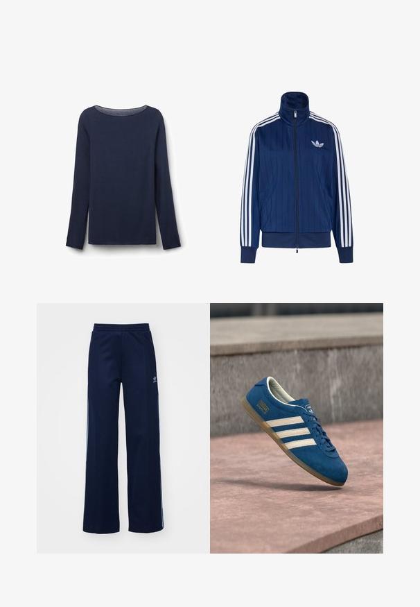 Chaqueta deportiva azul marino con cremallera, tres rayas blancas en las mangas y logo de trébol blanco en el pecho izquierdo, puños y dobladillo acanalados.; Camiseta de manga larga de color azul marino hecha de una tela suave, con un cuello redondo y un corte relajado. El dobladillo y los bordes de las mangas están cuidadosamente terminados.; Pantalones de chándal de mezcla de algodón en color marino con diseño de pierna ancha, cinturilla elástica y bolsillos con cremallera, con franjas laterales blancas y detalle de logotipo.; Zapatilla de gamuza azul con rayas y cordones crema, suela de goma color miel, superficie texturizada, puntera redondeada y marca lateral.