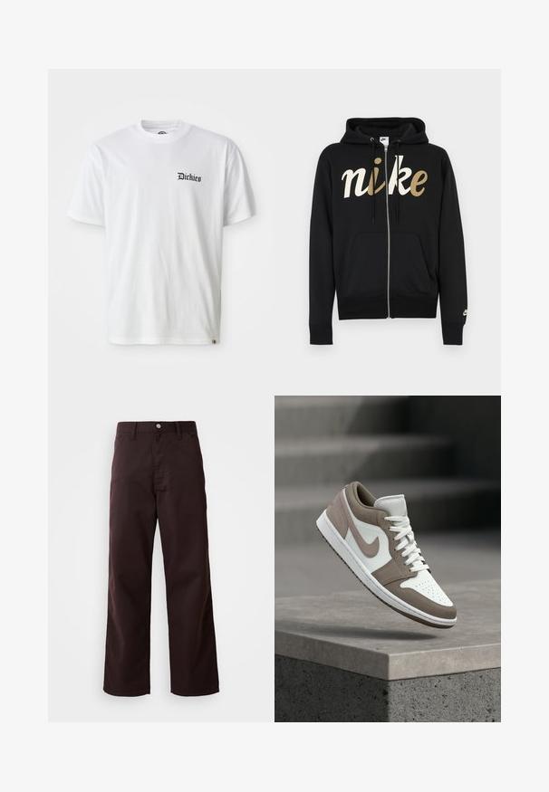 Schwarzer Kapuzenpullover mit Reißverschluss, vorne mit weißem und goldenem Logo, ausgestattet mit Kordelzugkapuze und vorderen Taschen. Weiche Stoffstruktur.; Weißes Baumwoll-T-Shirt mit kurzen Ärmeln und Rundhalsausschnitt. Mit schwarzem "Dickies"-Logo, das auf der linken Brustseite aufgedruckt ist.; Dunkelbraune weit geschnittene Hose aus robustem Baumwollstoff, mit einem vorderen Knopfverschluss und zwei Seitentaschen. Glatte Textur, klassisches Design.; Weißer und taupefarbener Sneaker mit niedrigem Schaft, Schnürsenkeln, Zwischensohle und Nike-Swoosh, der über einer Betonkante schwebt, mit Treppen im Hintergrund.