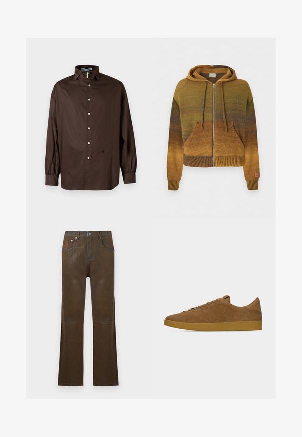 Sweat à capuche zippé en maille avec dégradé de nuances marron et vert, poches avant, capuche avec cordon de serrage, poignets et ourlet côtelés.; Chemise longue à manches marron en tissu lisse avec un col classique, fermeture à boutons sur le devant et poignets élastiqués ; présente un détail logo subtil.; Jean évasé marron, présentant une finition texturée, un design à cinq poches, une fermeture à bouton et un petit logo brodé à l'avant.; Baskets basses en daim marron avec lacets assortis et semelle en caoutchouc gomme, présentées en profil gauche sur un fond gris clair uni.