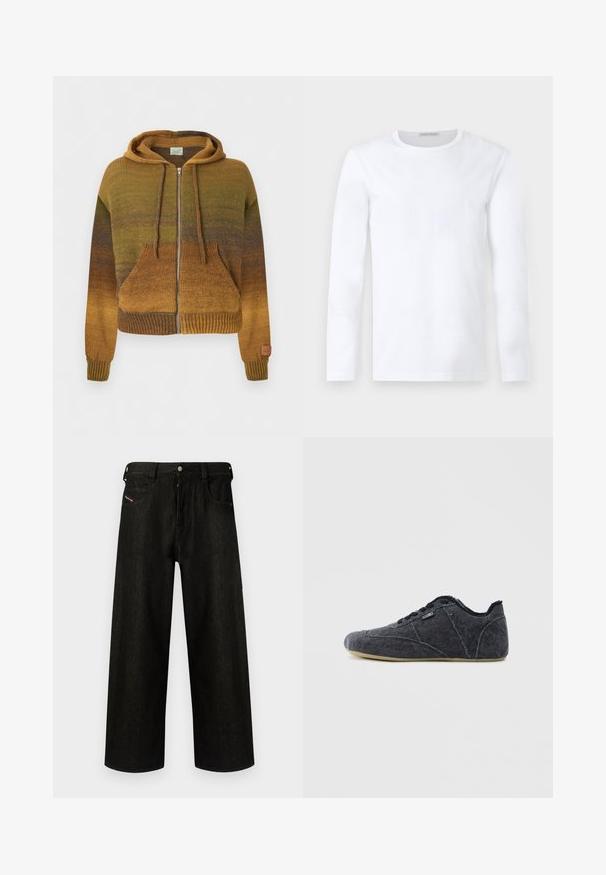 Sweat à capuche zippé en maille avec dégradé de nuances marron et vert, poches avant, capuche avec cordon de serrage, poignets et ourlet côtelés.; T-shirt blanc uni à manches longues avec col rond, design simple et épuré sans motifs ni logos visibles.; Jean noir à jambes larges en denim, présentant une fermeture éclair, cinq poches et un branding discret sur la poche avant. Tissu durable et texturé.; Chaussures décontractées en denim noir avec un bout rond, une surface texturée, des coutures contrastantes et une semelle en caoutchouc verte flexible. Conception à lacets sur le devant.