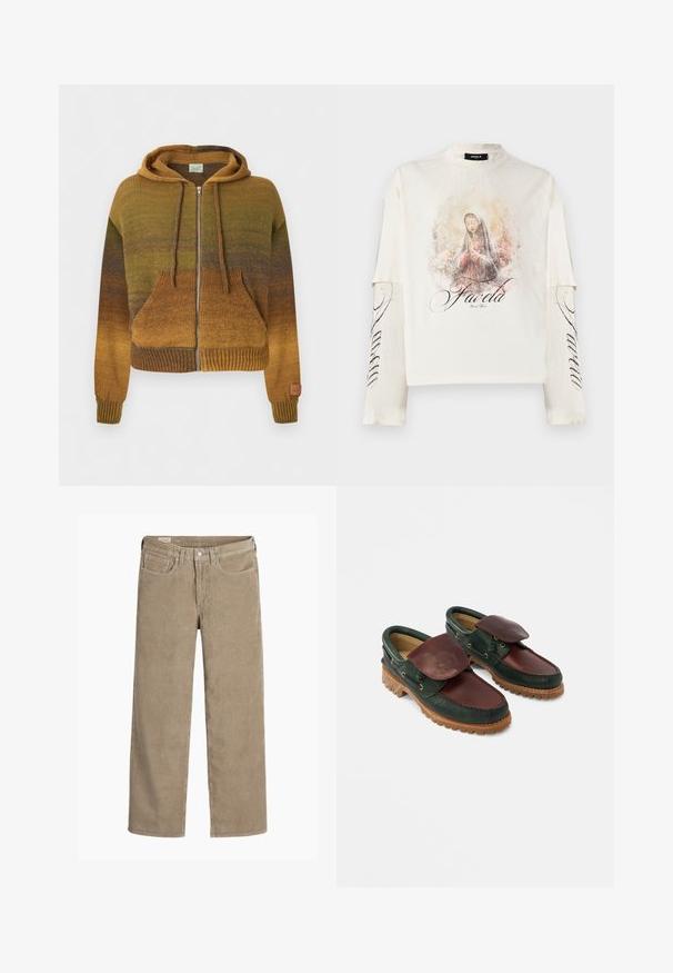 Gebreide hoodie met ritssluiting met verloop in bruine en groene tinten, voorzakken, capuchon met trekkoord en geribde manchetten en zoom.; Wit overhemd met lange mouwen en gelaagde mouwen, met een illustratie van een biddende vrouw en de tekst "Favela" op de voorkant en mouw.; Lichtbruine corduroy broek in een wijd model, met een knoop- en ritssluiting, vijf zakken en een zachte, ribbeltextuur.; Leren schoenen met een donkergroene body en een wijnrode bovenkant, een ronde neus, een beveiligde klep en een gestructureerde rubberen zool met groeven.