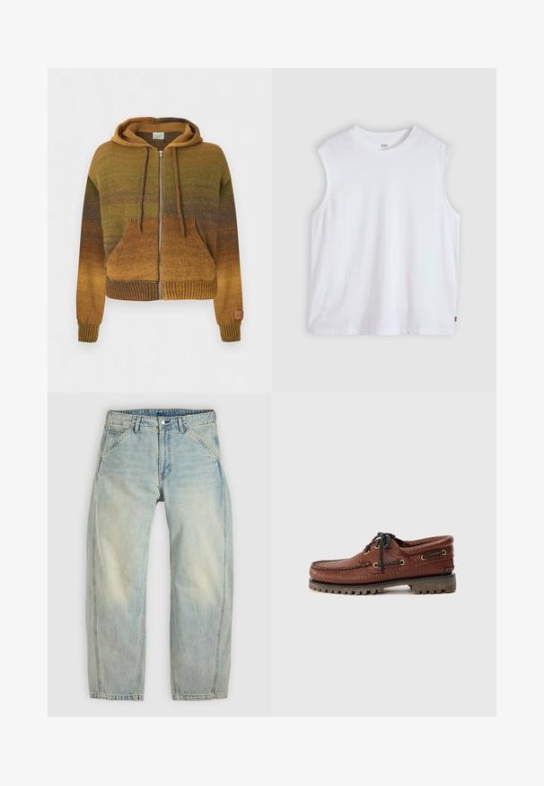Strikket lynlåshættetrøje med gradient af brune og grønne nuancer, forlommer, snøretrækshætte og ribstrikkede manchetter og kant.; Hvid ærmeløs T-shirt med rund hals og et lille Levi's-logo på sidesømmen, vist på en ensfarvet lys baggrund.; Lys blå jeans med vide ben lavet af denim. Har fem lommer, en knaplukning og falmede områder for et brugt udseende.; Brune læder bådsko med struktureret overdel, sorte snørebånd og gyldne øjer. Har en holdbar, rillede gummisål.