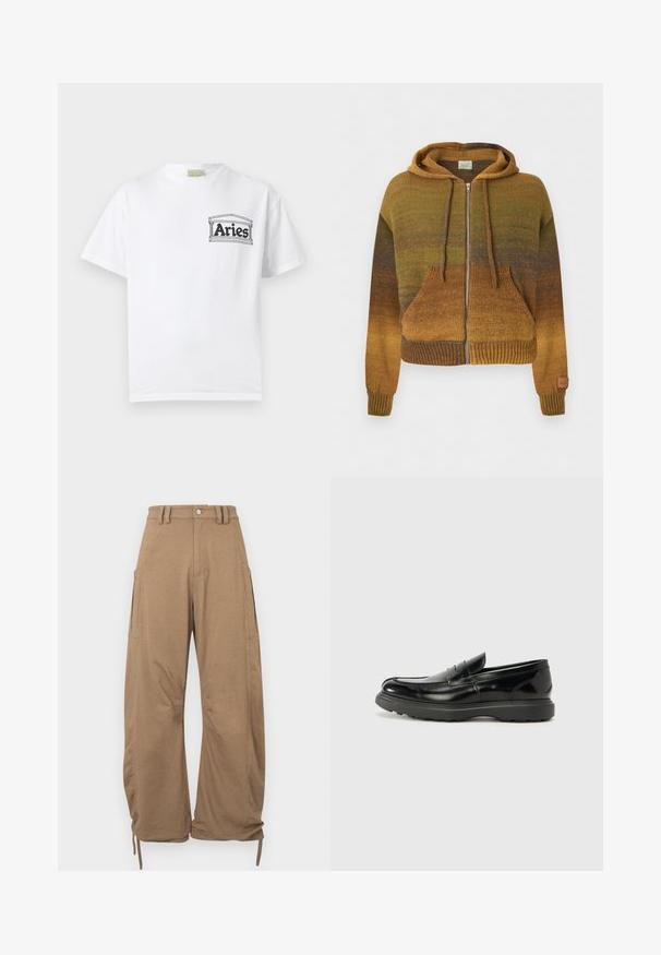Sweat à capuche zippé en maille avec dégradé de nuances marron et vert, poches avant, capuche avec cordon de serrage, poignets et ourlet côtelés.; T-shirt blanc à manches courtes avec un petit logo noir "Bélier" à l'intérieur d'un cadre rectangulaire sur la partie gauche de la poitrine.; Pantalon cargo en tissu marron clair, doté de deux poches latérales, d'une coupe décontractée, d'ourlets à cordon de serrage et d'une fermeture à boutons à la taille.; Mocassin en cuir noir avec une finition brillante, bout arrondi, détails de couture subtils et semelle en caoutchouc épaisse pour la durabilité.