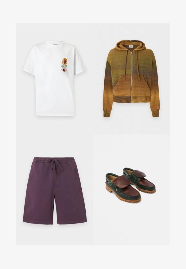 Knit zip-up hoodie with gradient brown and green shades, front pockets, drawstring hood, and ribbed cuffs and hem.; White short-sleeve T-shirt with small colorful graphic patches on left chest, including grapes, text, and a stylized "C" logo.; Men's dark purple casual shorts with elastic waistband and drawstring, knee-length with front pockets and simple design.; Leather shoes featuring a dark green body with a burgundy top, round toe, secured flap, and textured rubber sole with ridges.