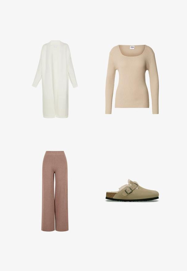Cardigan long en maille ouverte de couleur blanche douce, présentant une coupe décontractée, des manches longues et des poignets et un ourlet côtelés.; Pull côtelé beige avec un col carré et des manches longues, fabriqué en tissu doux et texturé. Design simple, idéal pour superposer.; Pantalons en maille marron à jambe large avec un tissu texturé, dotés d'une taille élastique et d'une coupe ample pour le confort.; Sabots beiges avec une tige en suède lisse, une doublure en fausse fourrure douce et une boucle sur le côté. Semelle intérieure en liège, semelle en caoutchouc noir et design de bout arrondi.