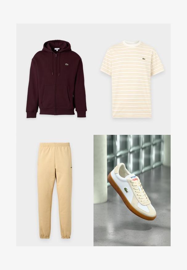 Sweat à capuche bordeaux foncé zippé avec poches avant, capuche à cordon et petit logo crocodile vert sur la poitrine gauche.; T-shirt à manches courtes avec col rond, à fines rayures horizontales beige sur fond blanc, arborant un petit logo de crocodile vert sur la poitrine.; Pantalon de jogging beige avec taille élastique et poignets, arborant un petit logo crocodile vert brodé sur la cuisse droite.; Baskets en cuir blanc avec accents en daim beige, lacets crème et semelle en caoutchouc marron. Présentent un logo vert sur le côté et un marquage coloré.