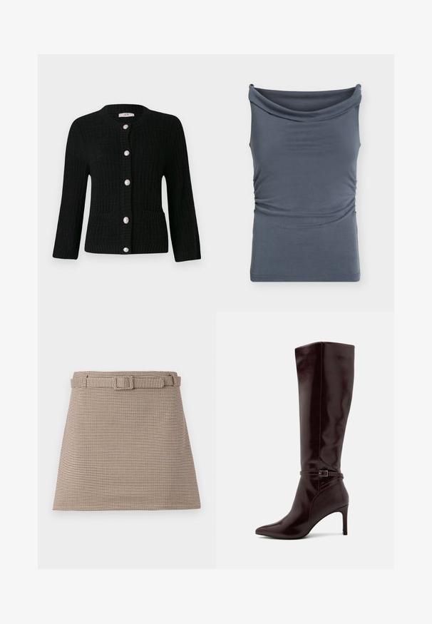 JDY JDYJANNE O NECK CARDIGAN - Cardigan - black; Ærmeløs mørkegrå top med en bred, draperet bådudskæring og subtil sideskråning.; Brune og beige houndstooth-mønstrede shorts med bælte i taljen og rene linjer, skræddersyet struktur og glat stofstruktur.; Anna Field Høje støvler/ Støvler - bordeaux