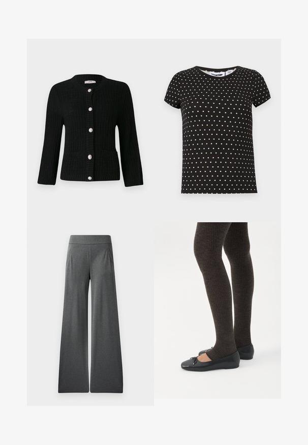 JDY JDYJANNE O NECK CARDIGAN - Vest - black; Zwart T-shirt met korte mouwen met witte polka dots, ronde hals en een rechte zoom.; Grijze wijde broek met een platte tailleband, plooien aan de voorkant en een zachte textuur, ontworpen voor comfort en bewegingsvrijheid.; Benen met donkere geribbelde leggings gecombineerd met zwarte ballerina's met kleine strikdetails op een witte achtergrond.