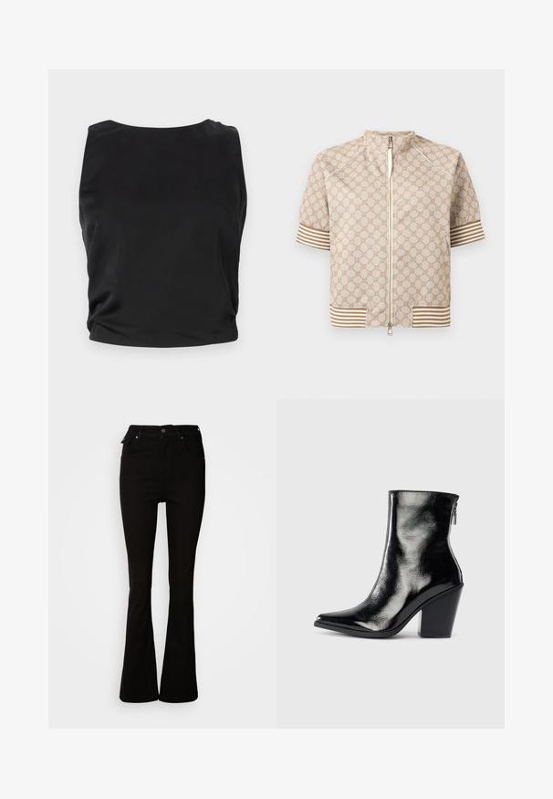 Veste beige à manches courtes avec fermeture éclair à l'avant, motif géométrique, et poignets et ourlet rayés marron et blanc.; Débardeur noir sans manches avec une texture lisse et brillante ; il présente un col rond et des détails froncés sur les côtés pour une silhouette ajustée.; Jean noir évasé en denim, avec une taille haute, des poches avant, et un design classique à cinq poches avec des accents en métal.; Bottines en cuir noir avec une finition brillante, bout pointu et talon trapèze. Dotées d'une fermeture éclair latérale pour un enfilage facile.