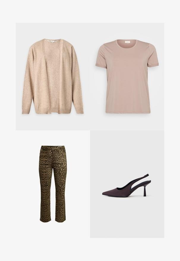Cardigan tricoté beige clair à ouverture frontale, manches longues, avec poignets et ourlet côtelés, présenté sur un fond uni.; T-shirt court à manches courtes de couleur rose clair avec un col rond et des manches repliées, fabriqué dans un tissu lisse et doux. Pas de motifs ou d'accents visibles.; Pantalons imprimé léopard avec une coupe slim, fermeture à bouton et taille cousue avec un léger stretch pour le confort.; Chaussure à talon slingback en tissu violet foncé. Design à bout pointu, côtés ouverts, et talon mince de forme carrée. Texture lisse.