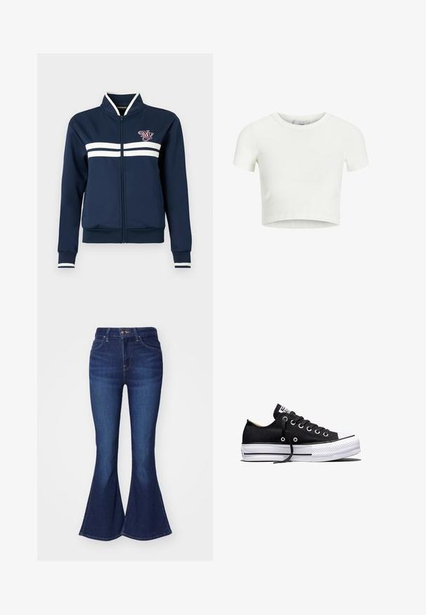 Marineblaue Jacke mit Reißverschluss, weißen Doppelstreifen über der Brust und an den Ärmelbündchen sowie einem kleinen gestickten Logo auf der linken Brustseite.; Weißes, kurzes T-Shirt aus geripptem Stoff. Verfügt über einen runden Halsausschnitt und kurze Ärmel. Glatte Textur mit taillierter Passform.; Dunkelblaue Schlagjeans aus Denim mit hoher Taille, fünf Taschen und Knopfverschluss, leicht ausgebleicht an den Oberschenkeln.; Schwarzer Canvas-Sneaker in Low-Top-Form mit weißer Gummisohle auf Plateau, schwarzen Schnürsenkeln und Metallösen vor weißem Hintergrund.