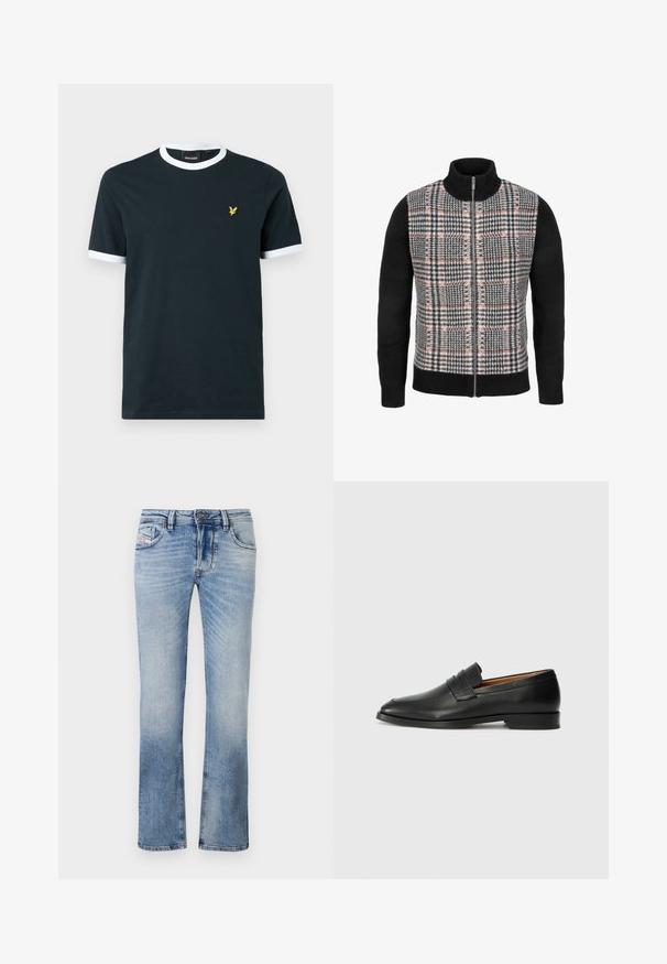 Sort strikket trøje med fuld lynlås, høj krave og frontpanel med sort, hvid og pink hundetandsternet mønster.; Marineblå bomulds T-shirt med hvid ribkant ved kraven og ærmekanterne. Udstyret med et lille gult broderet logo på venstre bryst.; Lyseblå denim jeans med lige ben-design, der har frontlommer, lynlås og subtile falmninger i stoffet.; Sort læder loafer med rund tå, diskret syning, og lav hæl, der har en glat tekstur og minimalistisk design.