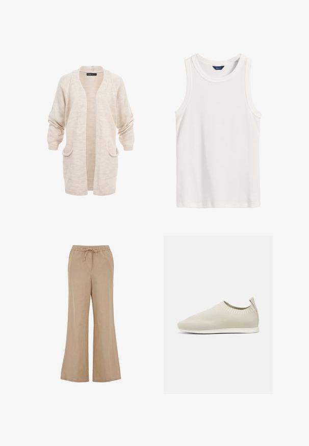 Beige lange gebreide cardigan met open voorkant, twee zakken aan de voorkant en verlaagde schouders, mouwen licht opgerimpeld.; GANT TANK - Top - white; Beige linnen broek met een wijd ontwerp, voorzien van een elastische tailleband en trekkoord. Glad textuur, geschikt voor casual draag.; Beige gebreide instap schoen met een lage profiel, textuur bovenkant en een flexibele zool. Kenmerkt zich door een geweven ontwerp rond de enkel voor comfort.