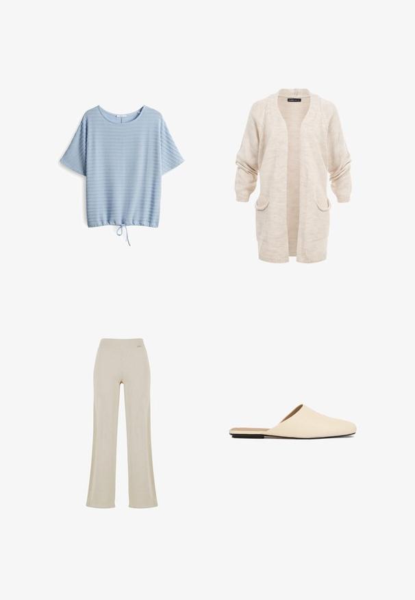 Beige lange gebreide cardigan met open voorkant, twee zakken aan de voorkant en verlaagde schouders, mouwen licht opgerimpeld.; Lichtblauw t-shirt met korte mouwen en een gestructureerd, gestreept patroon. Heeft een ronde halslijn en een koord in de zoom voor een verstelbare pasvorm.; Beige wijde broek met een gladde ribbelstructuur, elastische tailleband en geen zichtbare versieringen, die een ontspannen silhouet biedt.; Beige instap mule met platte zool, gesloten puntige neus en open achterkant, met een lage zwarte zool.