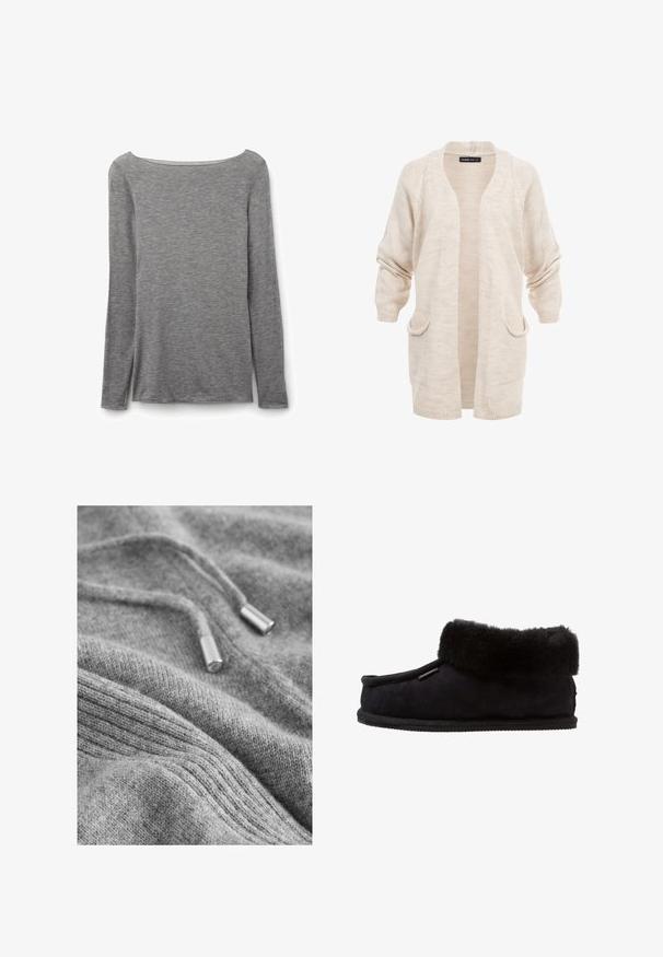 Beige lang strikket cardigan med åben front, to forlommer og sænkede skuldre, ærmer let rynkede.; Grå tætsiddende top med lange ærmer og bred bådudskæring, lavet af blødt, let strikstof.; Gråt strikket sweatshirtstof med en blød tekstur, der har en snor med metalliske endehætter og ribbet detalje.; Shepherd LENA - Hjemmesko - black