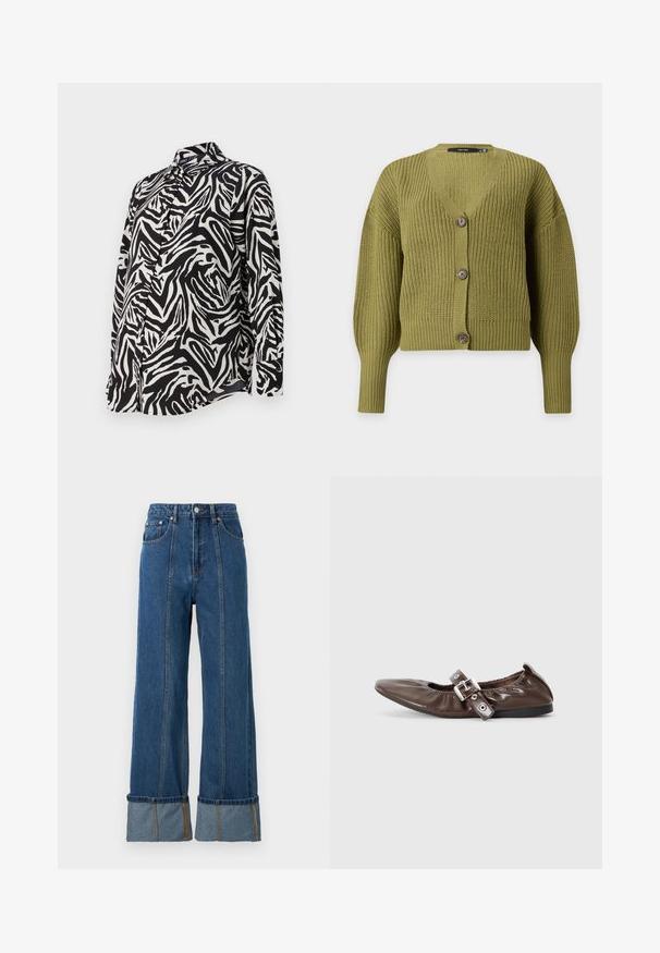 Olivengrøn strikket cardigan med lange ærmer, V-udskæring og tre brune knapper foran.; Langærmet sorte og hvide skjorte med knapper, der har et dristigt zebrastribet mønster, glat stof og en klassisk kravedesign.; Blå jeans med højtaljet pasform og vidde ben, med kontrasterende denim-manchetter, synlige sømme og forlommer.; Brun lakeret flad sko med spids tå, elastisk sløjfedetalje og en sølvspændeaccent på siden. Sort gummisål.