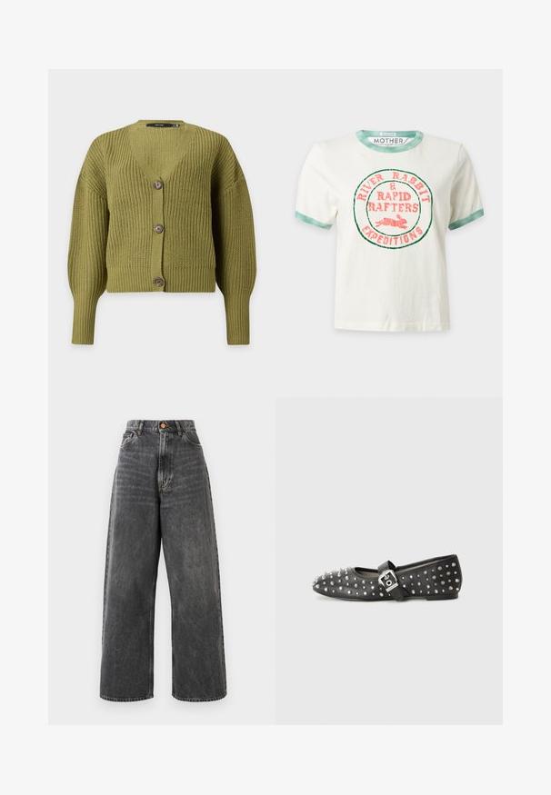 Olijfgroene gebreide cardigan met lange mouwen, V-hals en drie bruine knopen aan de voorkant.; Wit T-shirt met korte mouwen en groene bies aan de kraag en mouwen, met rode tekst en een konijnengrafiek met de tekst "River Rabbit & Rapid Rafters Expeditions."; Hoge taille spijkerbroek met wijde pijpen in vervaagd zwart denim, voorzien van voorzakken, riemlussen en een koperen knoopsluiting.; Zwarte platte schoen versierd met zilveren studs, met een bandje en een gesp. De schoen heeft een spitse neus en een lage hak.